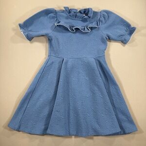 Janie and Jack Girls Blue Quilted Bib Collar Ruffle Dress Size 12 Cotton Blend